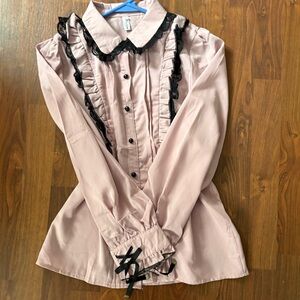 Women's Blush Pink Ruffle Lace Button-Up Top